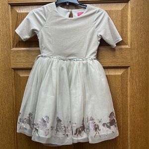 Zuni Girl adorable fit/ flare dress. Tan w sequins at waist & unicorns on bottom